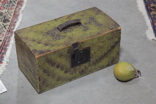 A GREEN PAINT DECORATED BOX AND 121e7b