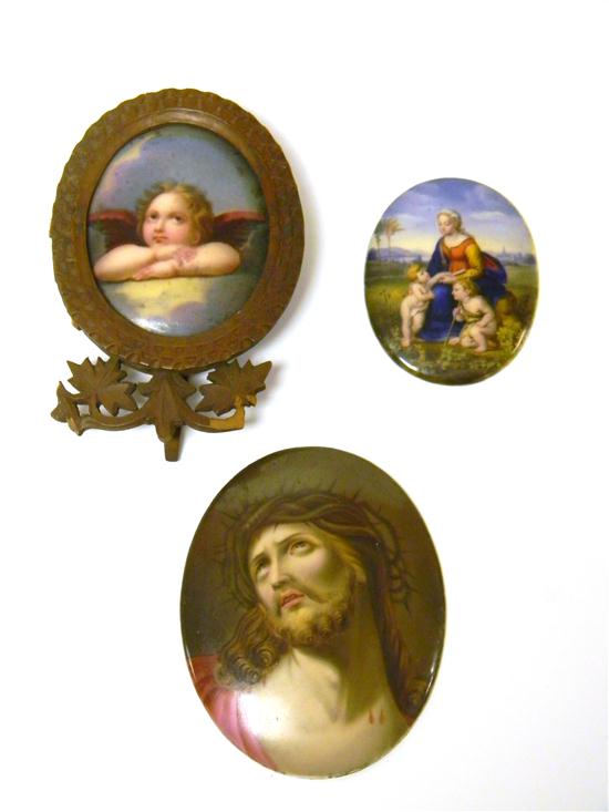 Three paintings on porcelain plaques 12105a