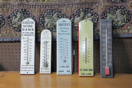FIVE WOODEN ADVERTISING THERMOMETERS  123a1b