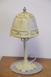 SLAG GLASS PANELLED TABLE LAMP.  American