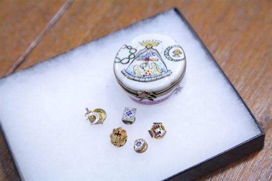FIVE MASONIC PINS AND A LIMOGES BOX. American