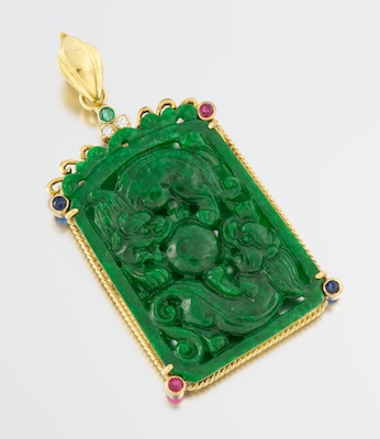A Carved Jadeite Pendant with Gemstones 1324ae