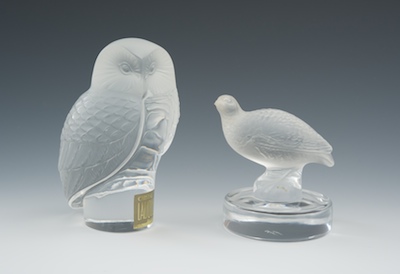 A Lalique Owl Ornament and Quail 13212e