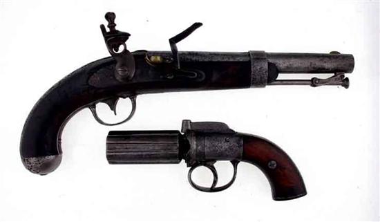 Antique flintlock pistol and pepperbox 134dcb