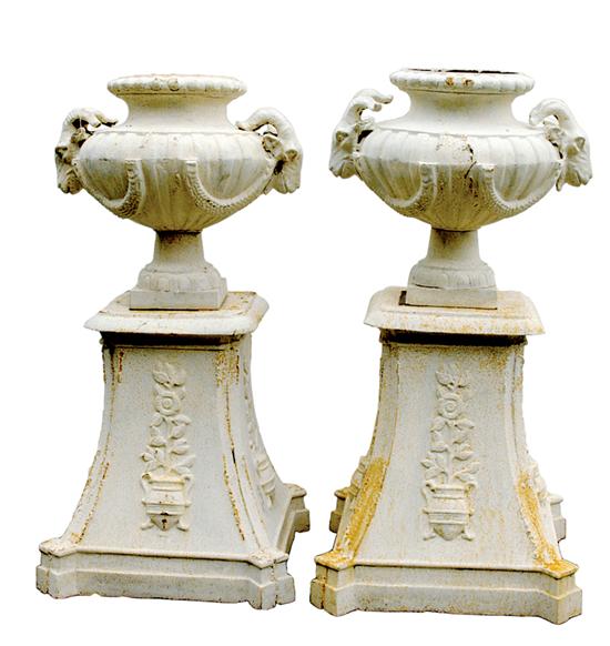 Pair cast iron garden urns on pedestals 13532a
