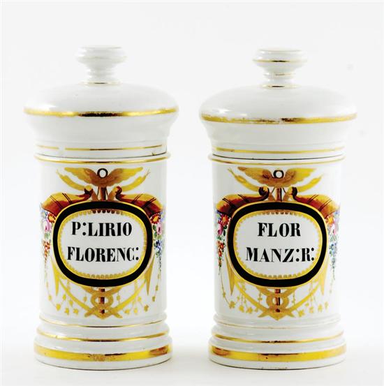 Pair French painted porcelain apothecary 135c92