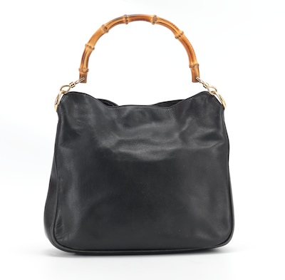 A Black Leather Gucci Hobo Handbag with Bamboo