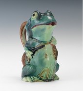 A Majolica Hunting Frog Pitcher Large