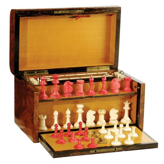 English burl walnut game box with chess set