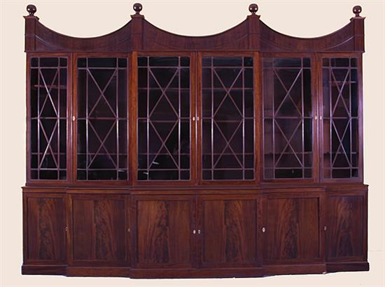 George III inlaid mahogany breakfront bookcase