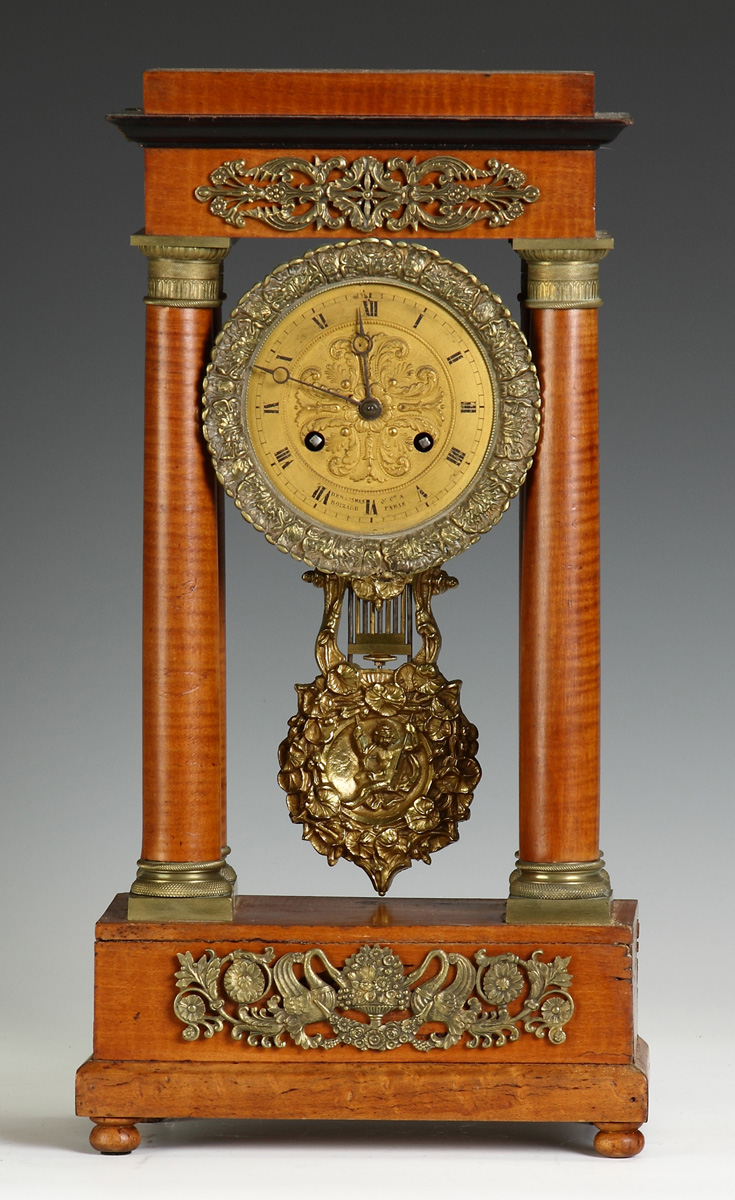 French Portico Clock Tiger and curly maple
