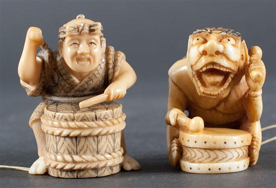 Two Japanese carved ivory netsukes: each