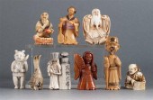 Nine carved ivory netsukes figures include: