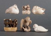 Six Japanese carved ivory bird netsukes