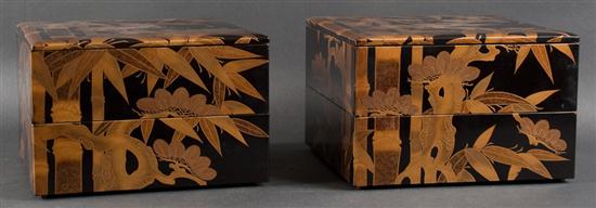 Pair of Japanese gilt-decorated black lacquered