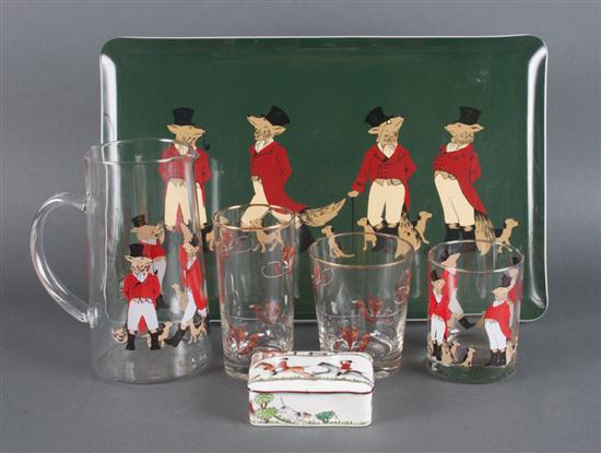 Assortment of fox hunting related glassware