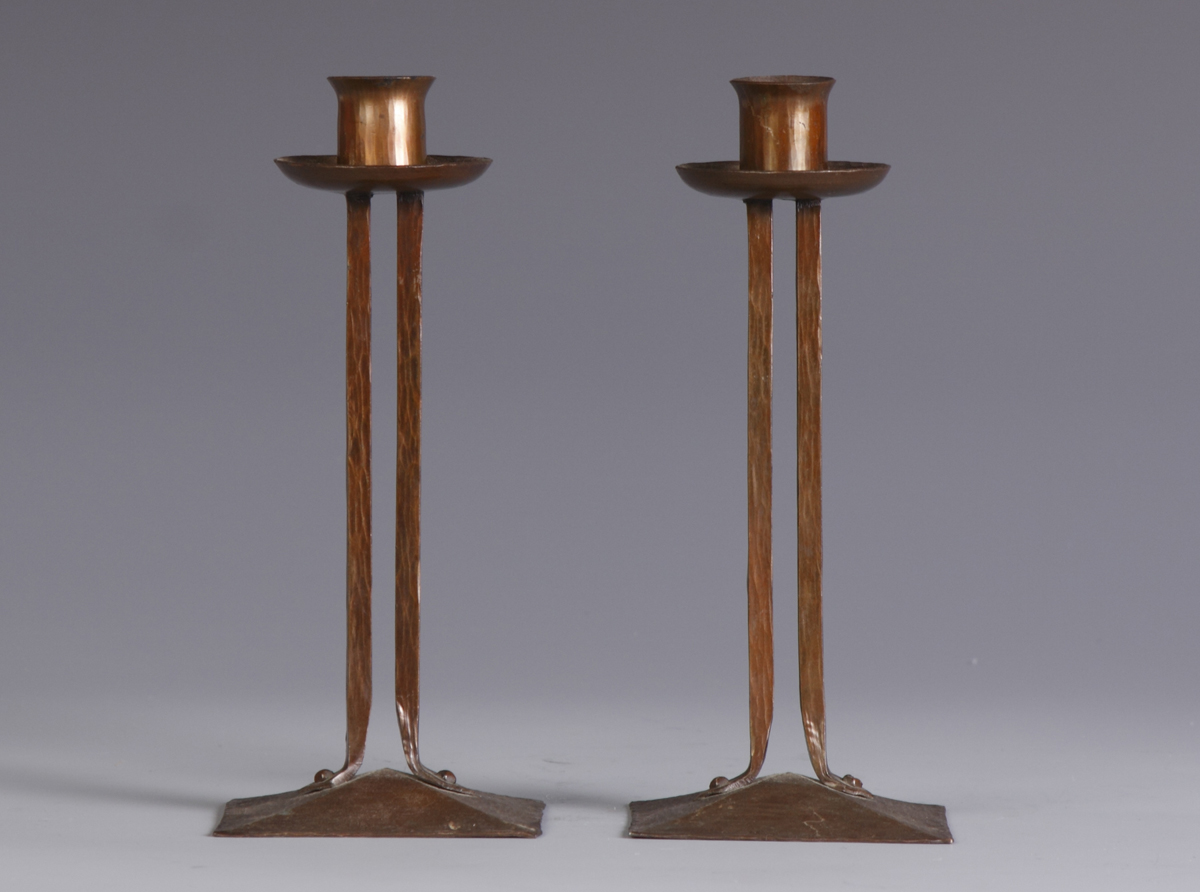 Pair of Roycroft Hammered Copper Candlesticks