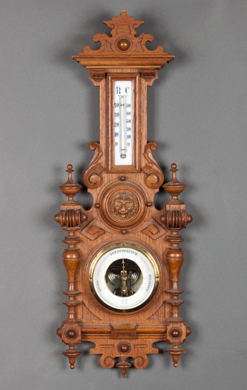 German carved walnut barometer/thermometer