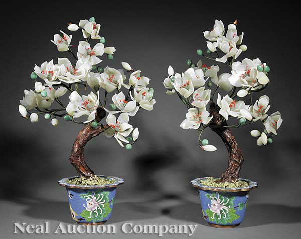 A Pair Chinese Hardstone Trees Set in Cloisonné