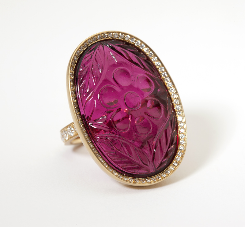 A carved rubellite tourmaline diamond and