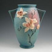 Roseville blue Magnolia vase with handles.