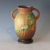 Roseville Fuchsia handled vase in brown.