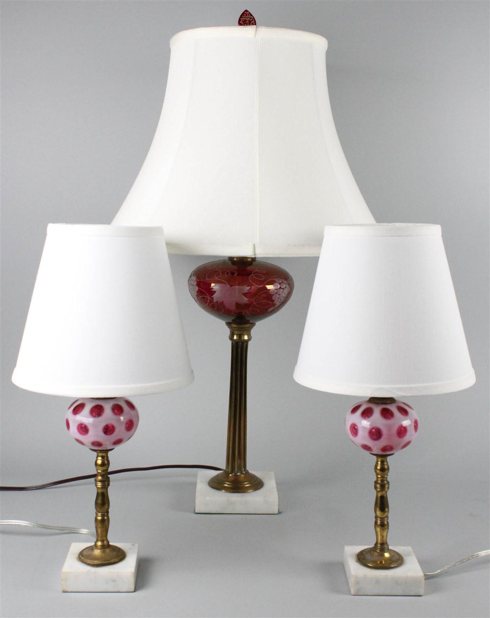 RED GLASS LAMP WITH A PAIR OF BOHEMIAN 145c30