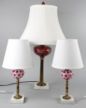 RED GLASS LAMP WITH A PAIR OF BOHEMIAN