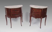 PAIR OF INLAID MARBLE TOP DEMILUNE TABLES: