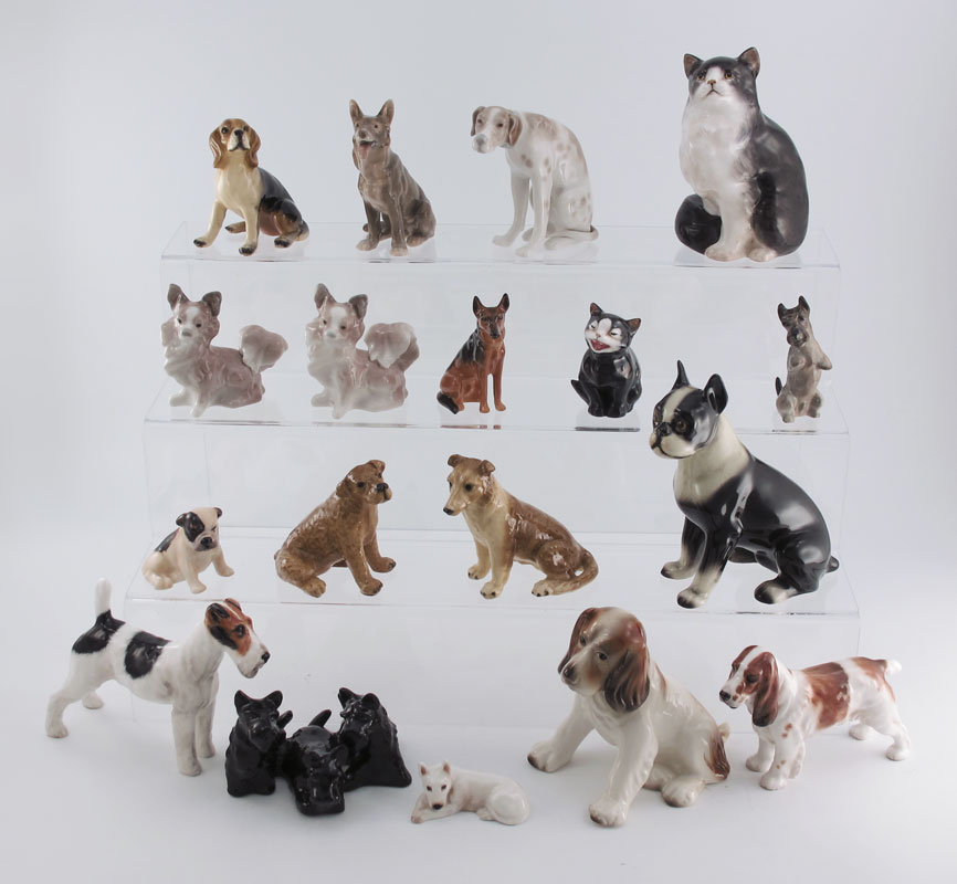 18 PORCELAIN DOG & CAT FIGURINES: To include