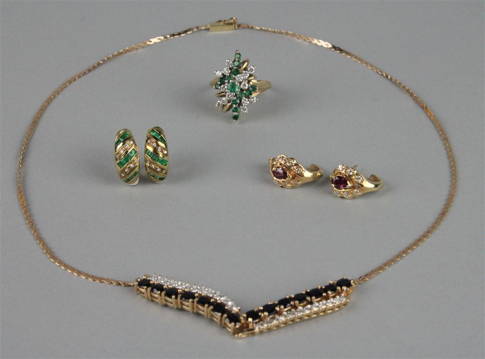 GROUP OF LADY'S YELLOW GOLD AND GENSET JEWELRY