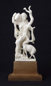 CARVED FIGURAL IVORY WOMAN AND DEER: