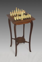 CARVED IVORY CHESS SET WITH TABLE: Inlaid