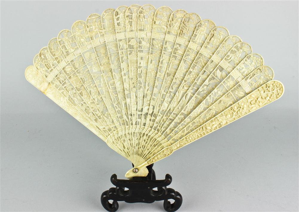 TWO CHINESE EXPORT CARVED IVORY FANS CIRCA