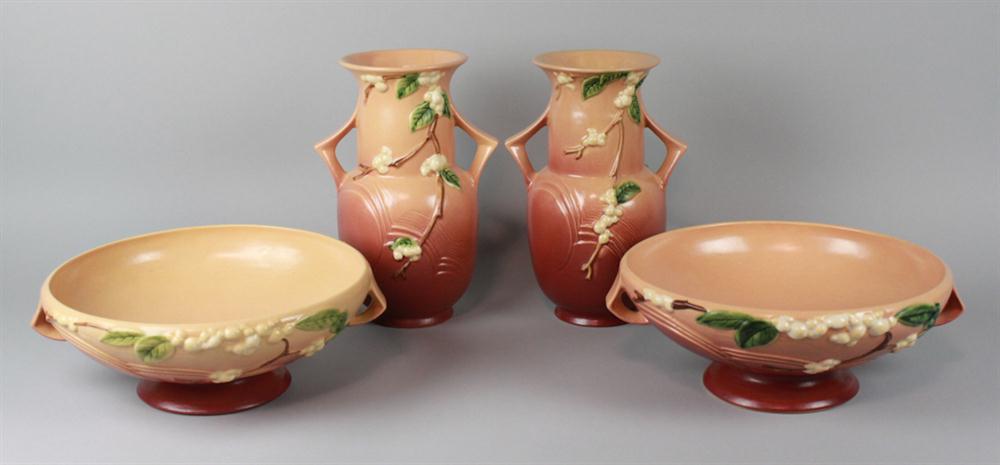 PAIR ROSEVILLE POTTERY PINK SNOWBERRY 1471fd