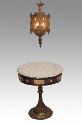 MARBLE TOP GILT TABLE AND HANGING LAMP: