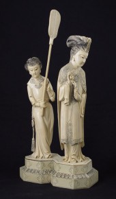 CARVED IVORY ROYAL WOMAN WITH ATTENDANT  1494b2