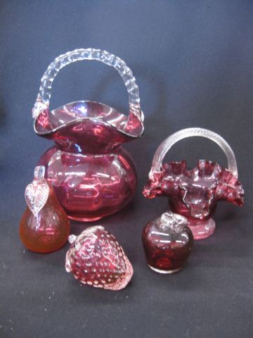 5 pcs Cranberry Art Glass 2 vases 14d3e0