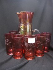 Ruby Flashed Glass Beverage Set etched