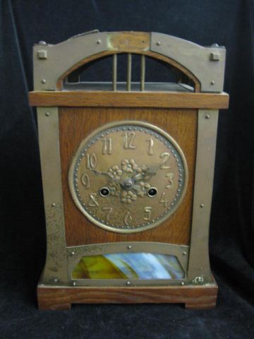 Arts & Crafts Mantle Clock oak with stained