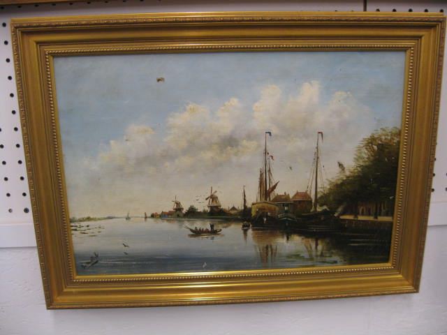 Dutch Oil on Canvas harbor scene 14e475