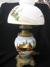 Victorian Lamp handpainted winter farm