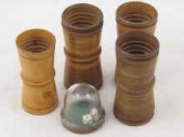 Four treen dice shakers 9.5 cm long