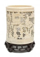 A Chinese Carved Ivory Brush Pot having