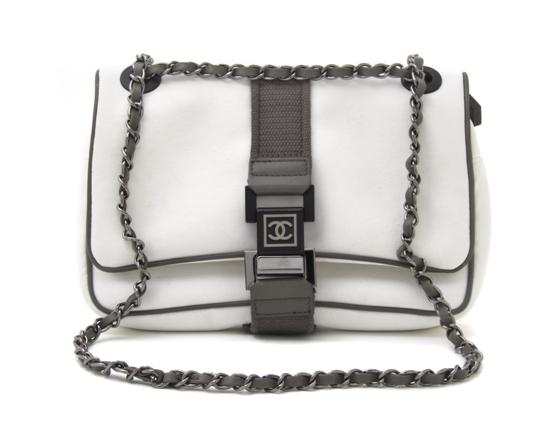 A Chanel White and Gray Canvas Bag with gray