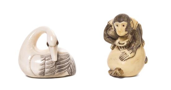 Two Carved Ivory Netsuke one depicting a
