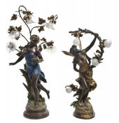 Two Cast Metal Figural Newell Post Lamps