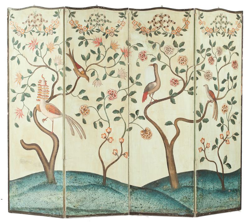 French Painted Four Panel Floor Screen19th