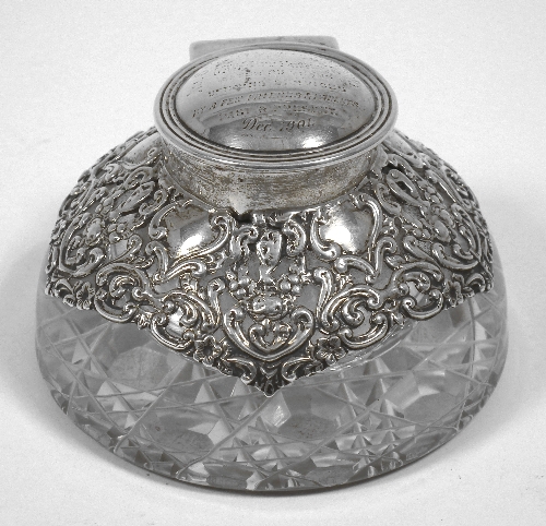 A late Victorian silver mounted glass inkwell