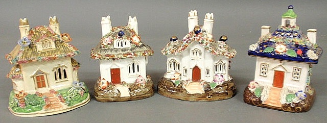 Four colorful 19th c. Staffordshire cottage